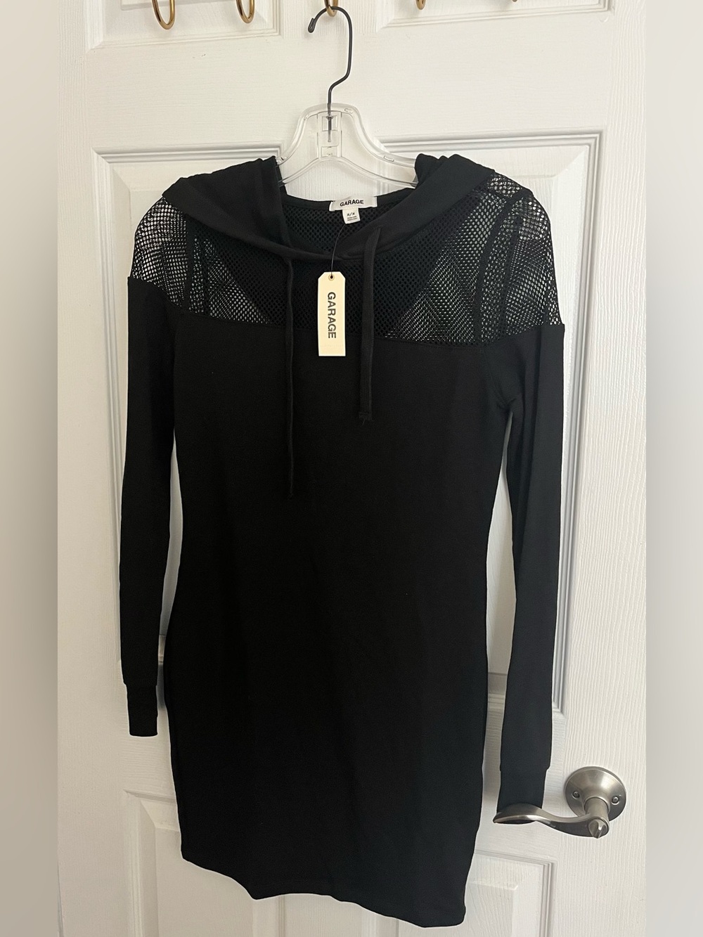 Garage Black Long Sleeve Hooded Mesh Yoke Dress